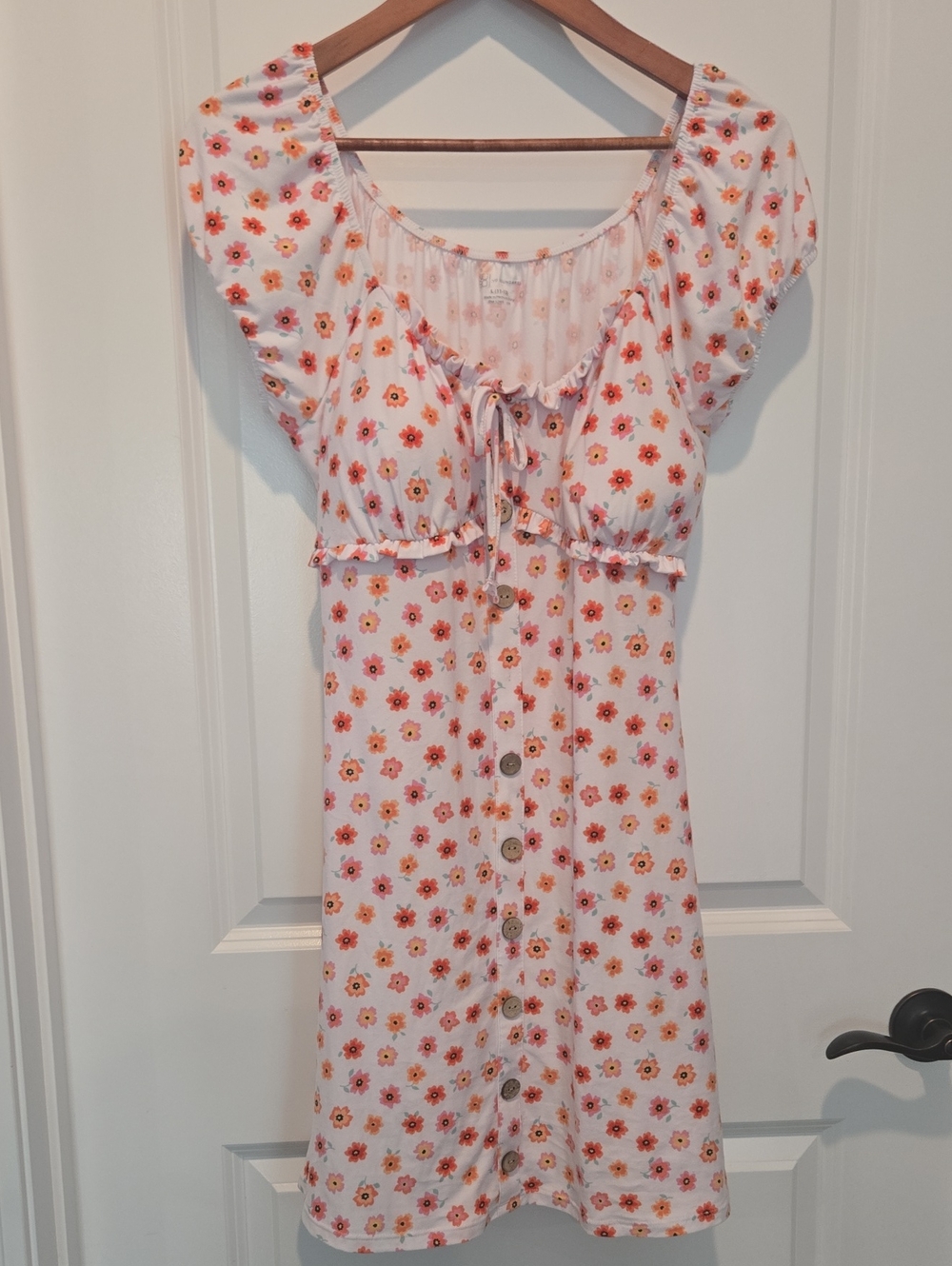 NOBO Girls Floral Button-Front Dress in White with Pink and Orange Flowers